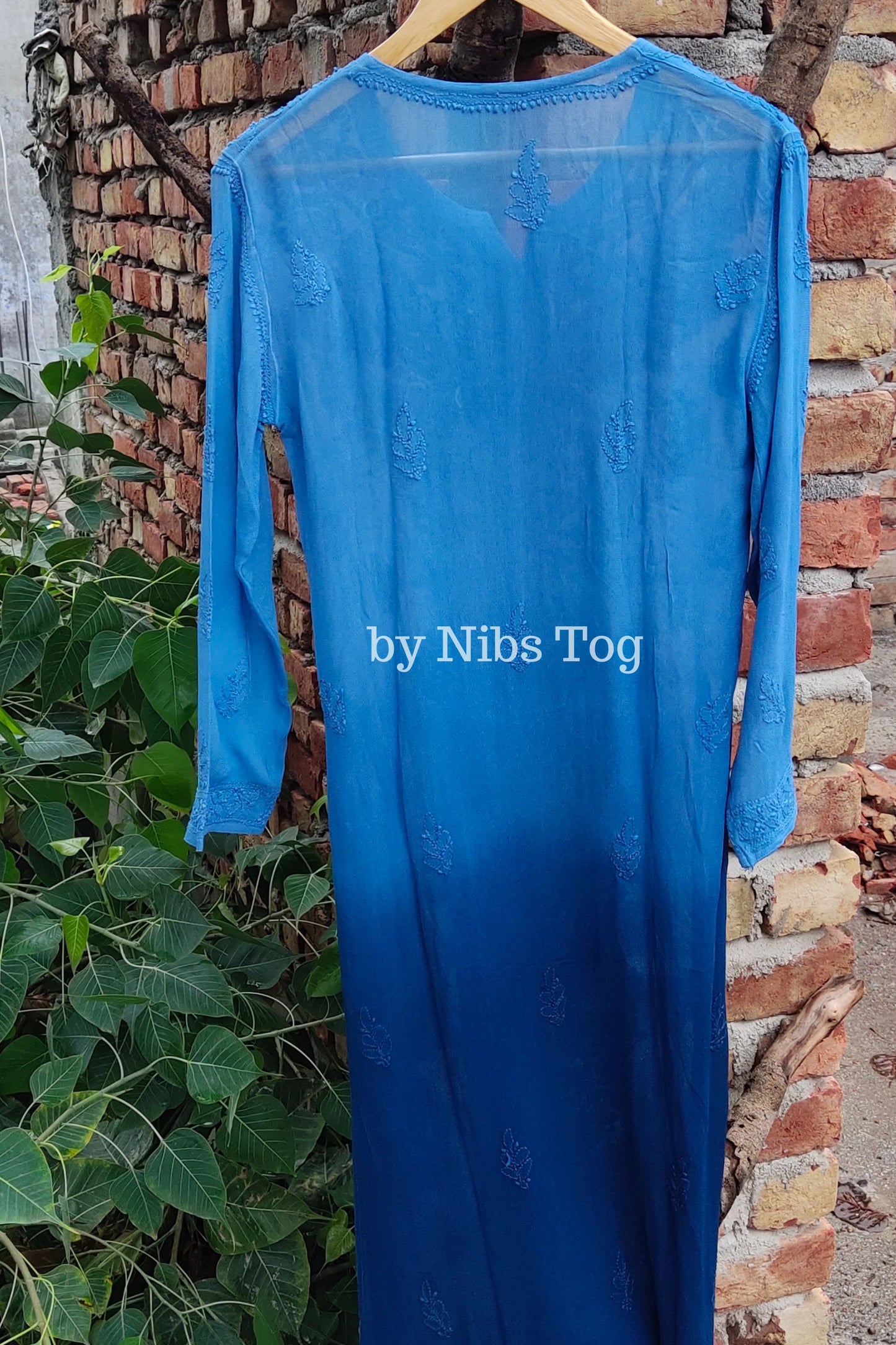 Ombre Blue Viscose Chikankari Kurta Palazzo Set with Dupatta