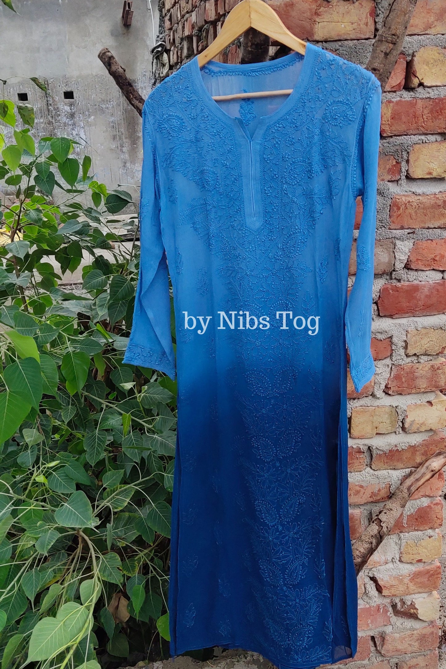 Ombre Blue Viscose Chikankari Kurta Palazzo Set with Dupatta