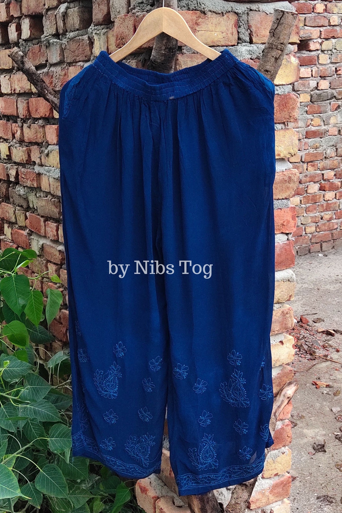 Ombre Blue Viscose Chikankari Kurta Palazzo Set with Dupatta