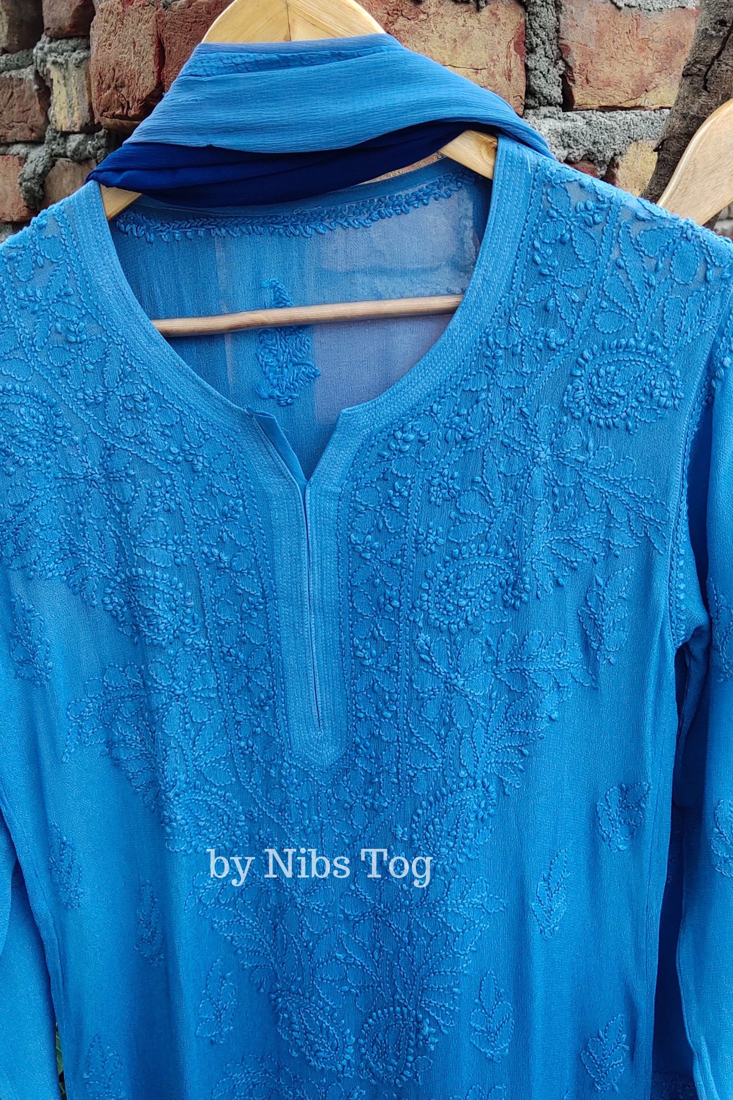 Ombre Blue Viscose Chikankari Kurta Palazzo Set with Dupatta