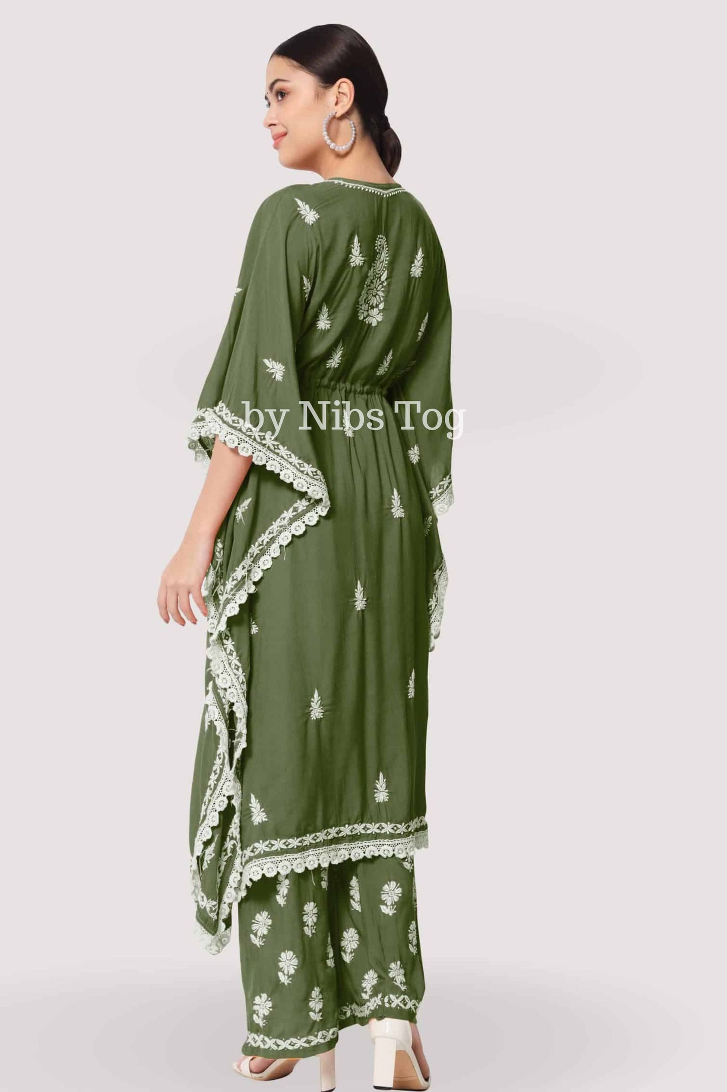 Rayon Cotton Hand Embroidered Chikankari kaftan Set Green