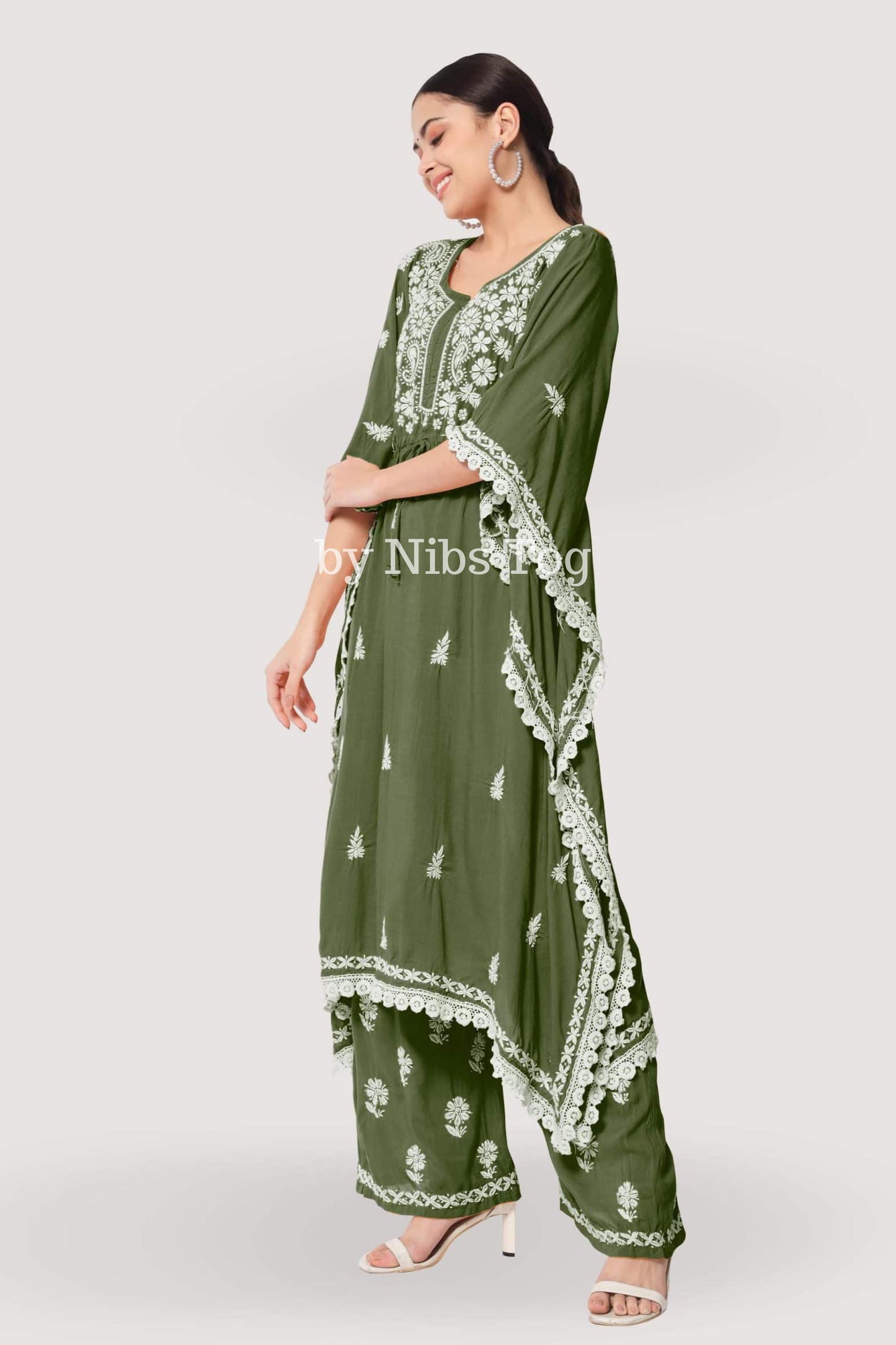 Rayon Cotton Hand Embroidered Chikankari kaftan Set Green