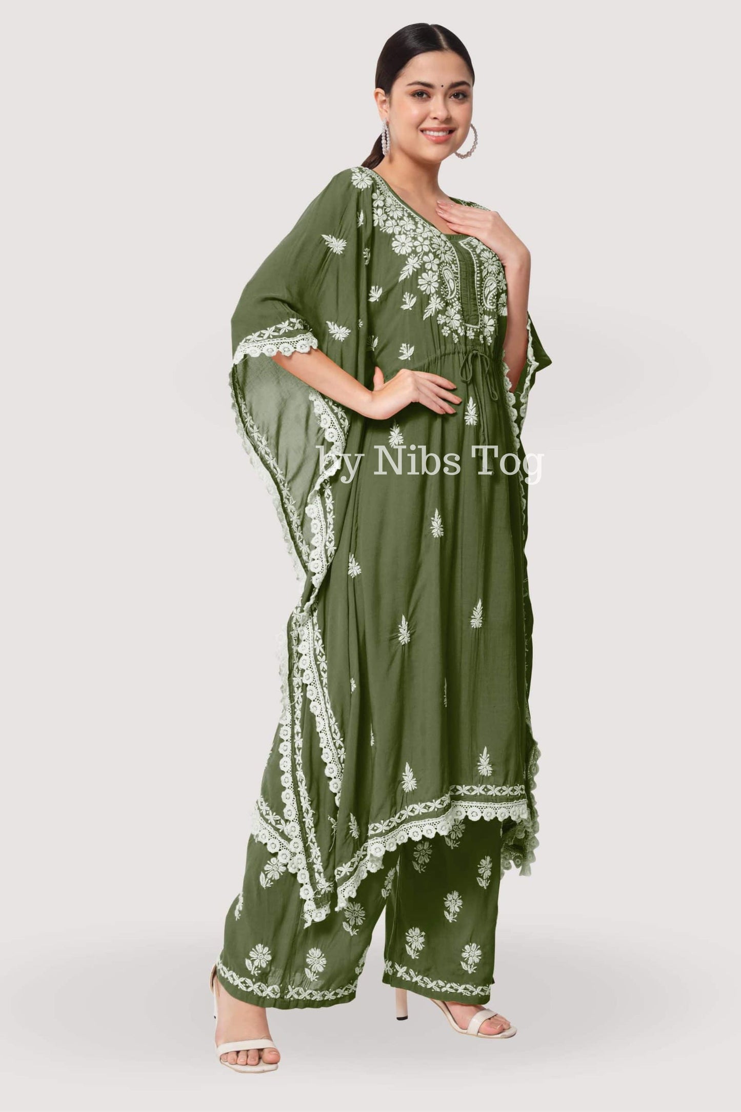 Rayon Cotton Hand Embroidered Chikankari kaftan Set Green