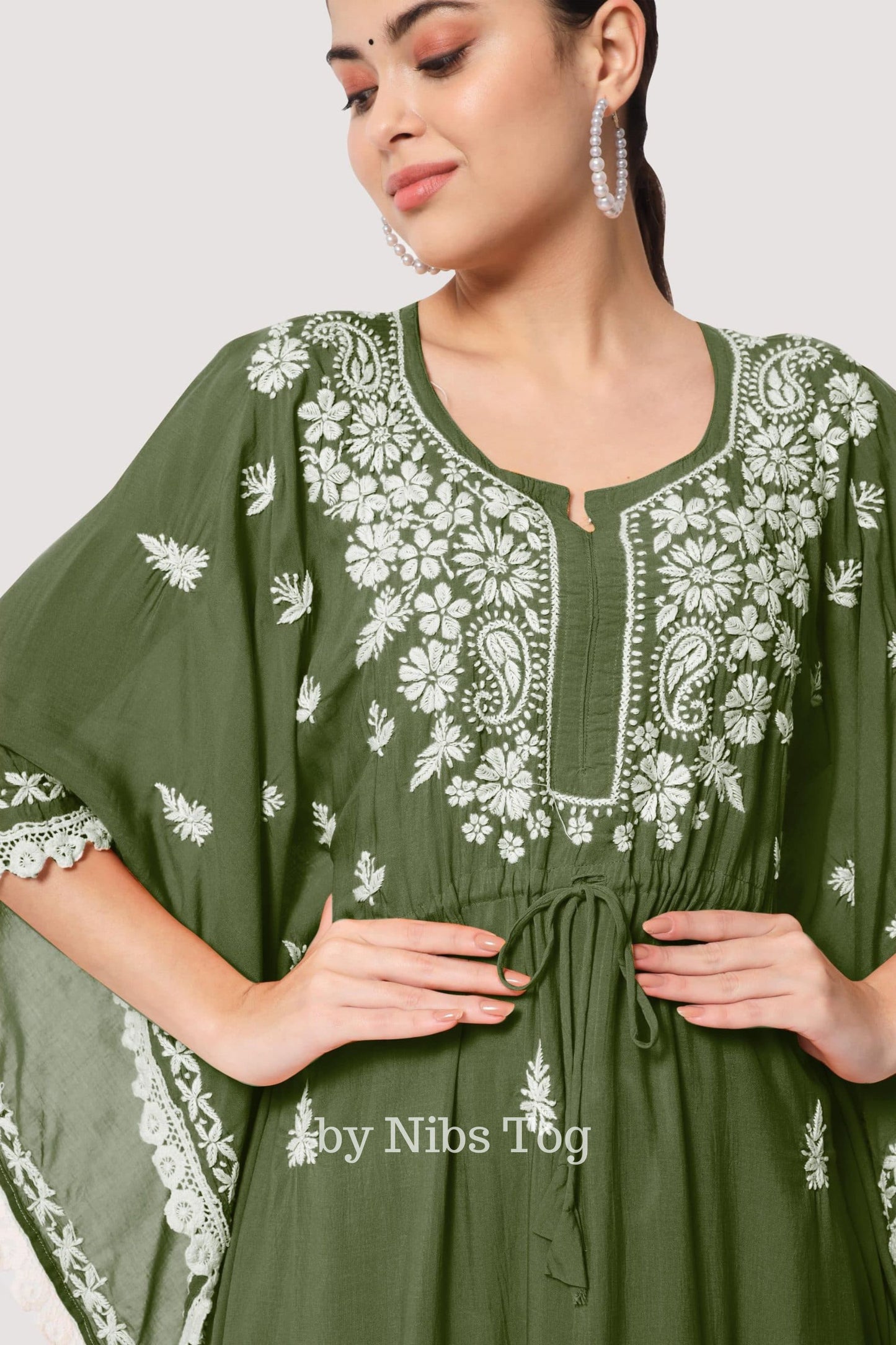 Rayon Cotton Hand Embroidered Chikankari kaftan Set Green