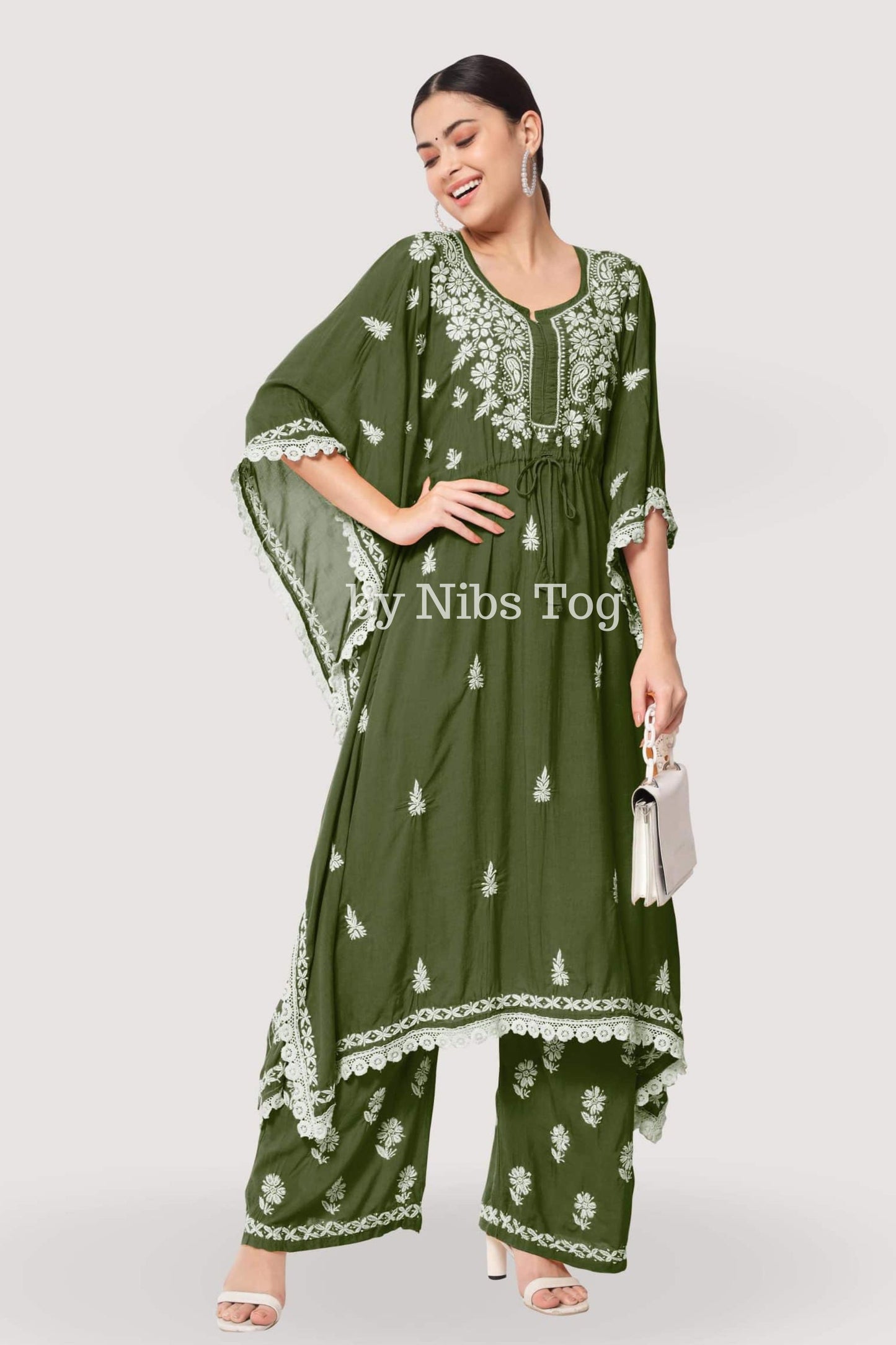 Rayon Cotton Hand Embroidered Chikankari kaftan Set Green