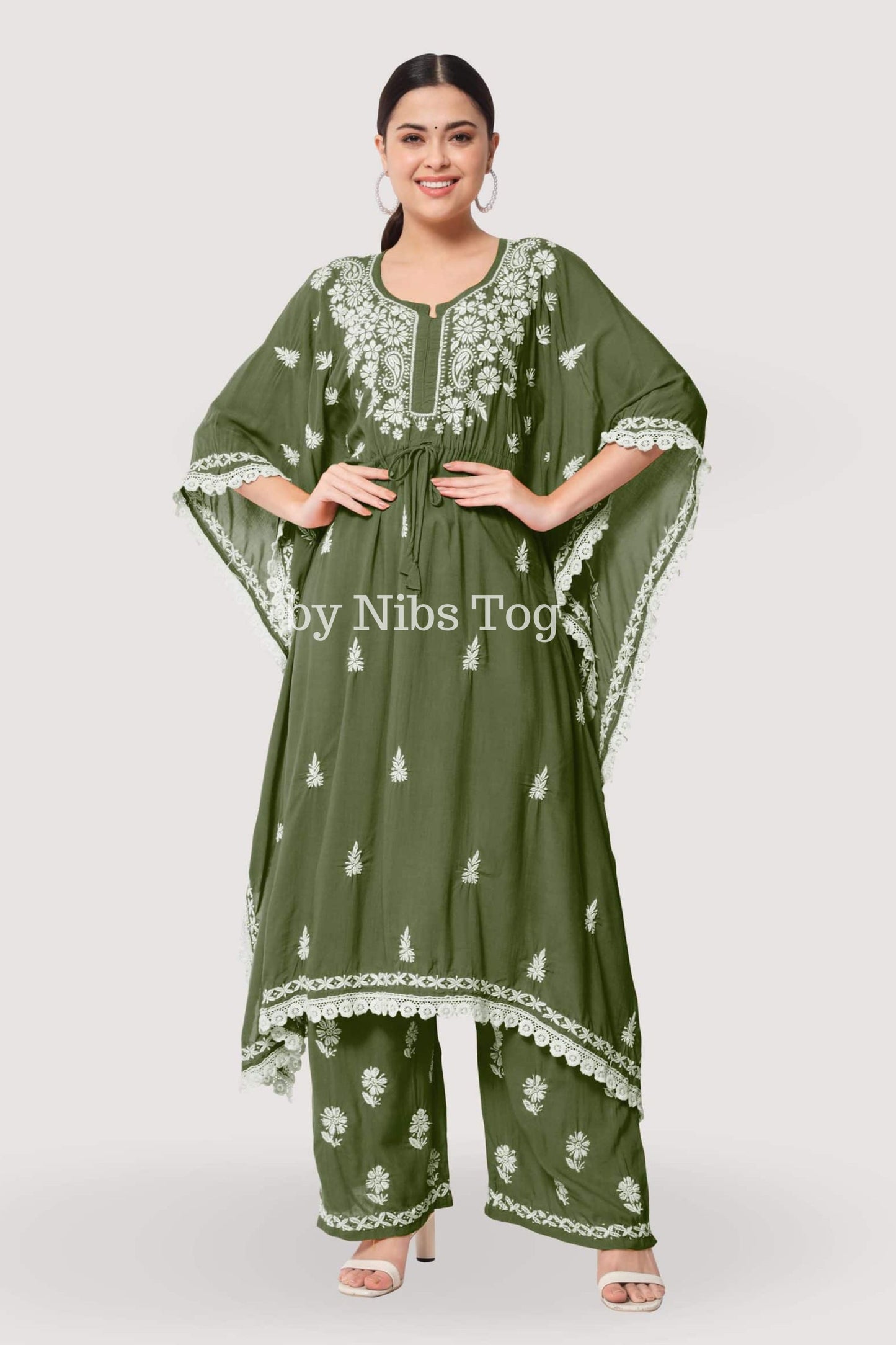 Rayon Cotton Hand Embroidered Chikankari kaftan Set Green