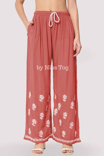 Chikankari Embroidered Rayon Cotton Kaftan Set Rust
