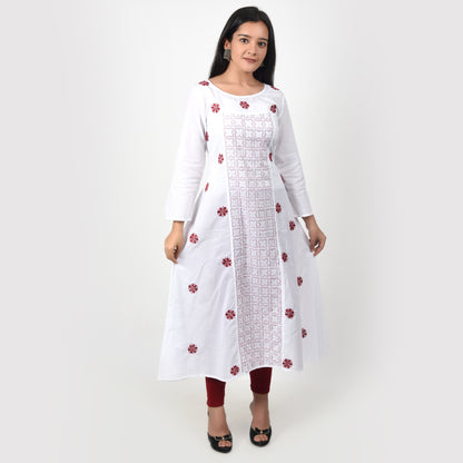 Cotton Chikankari Kurta A Line White and Maroon Medium