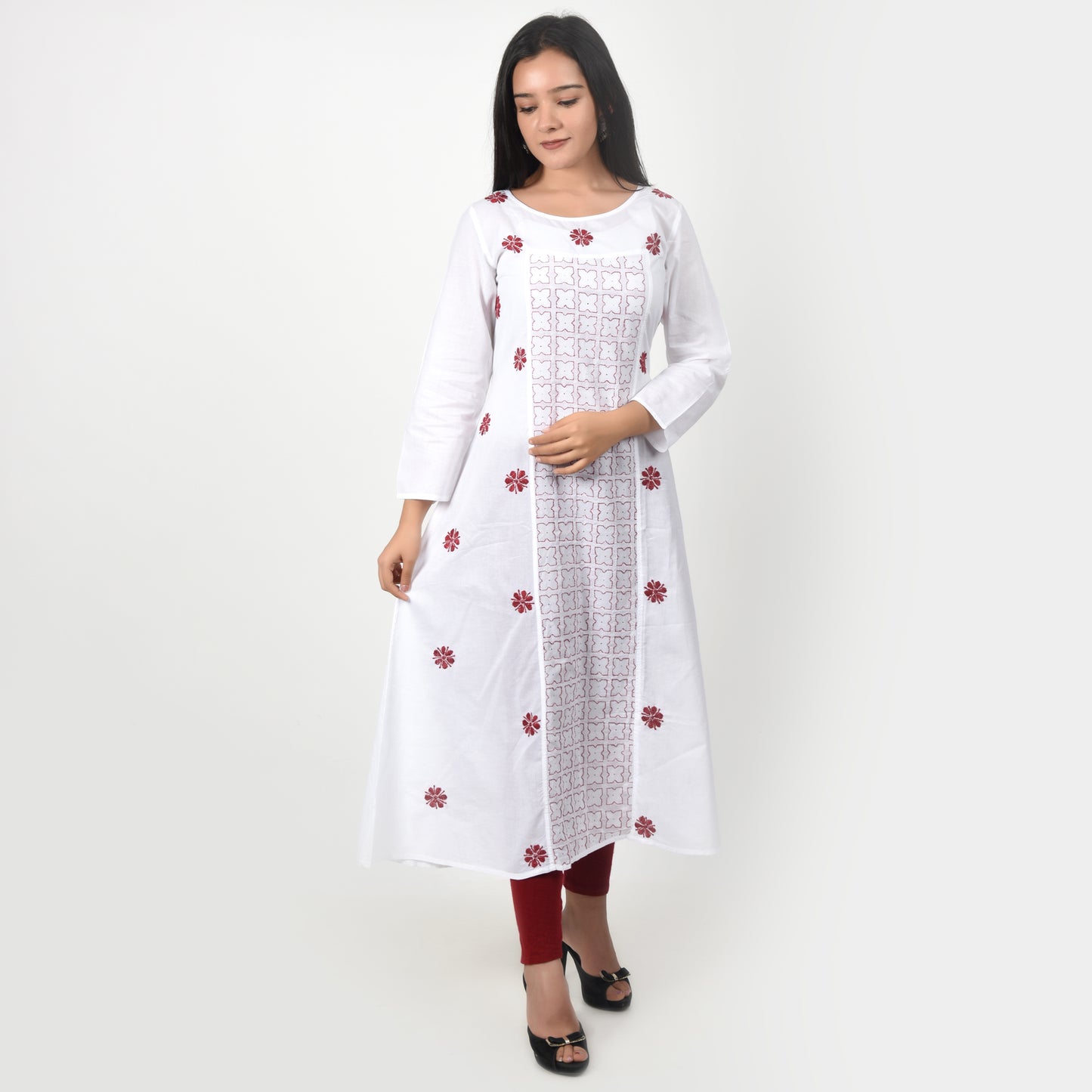 Cotton Chikankari Kurta A Line White and Maroon Medium