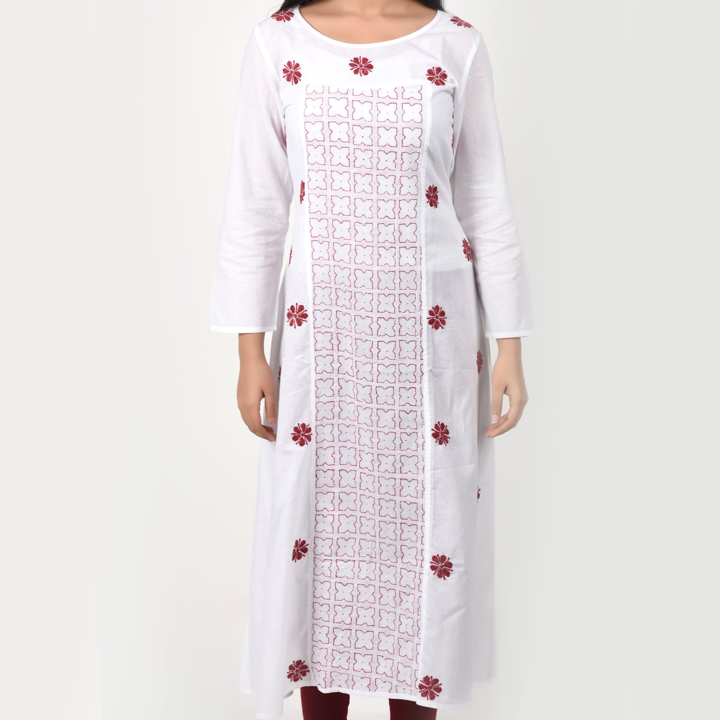 Cotton Chikankari Kurta A Line White and Maroon Medium