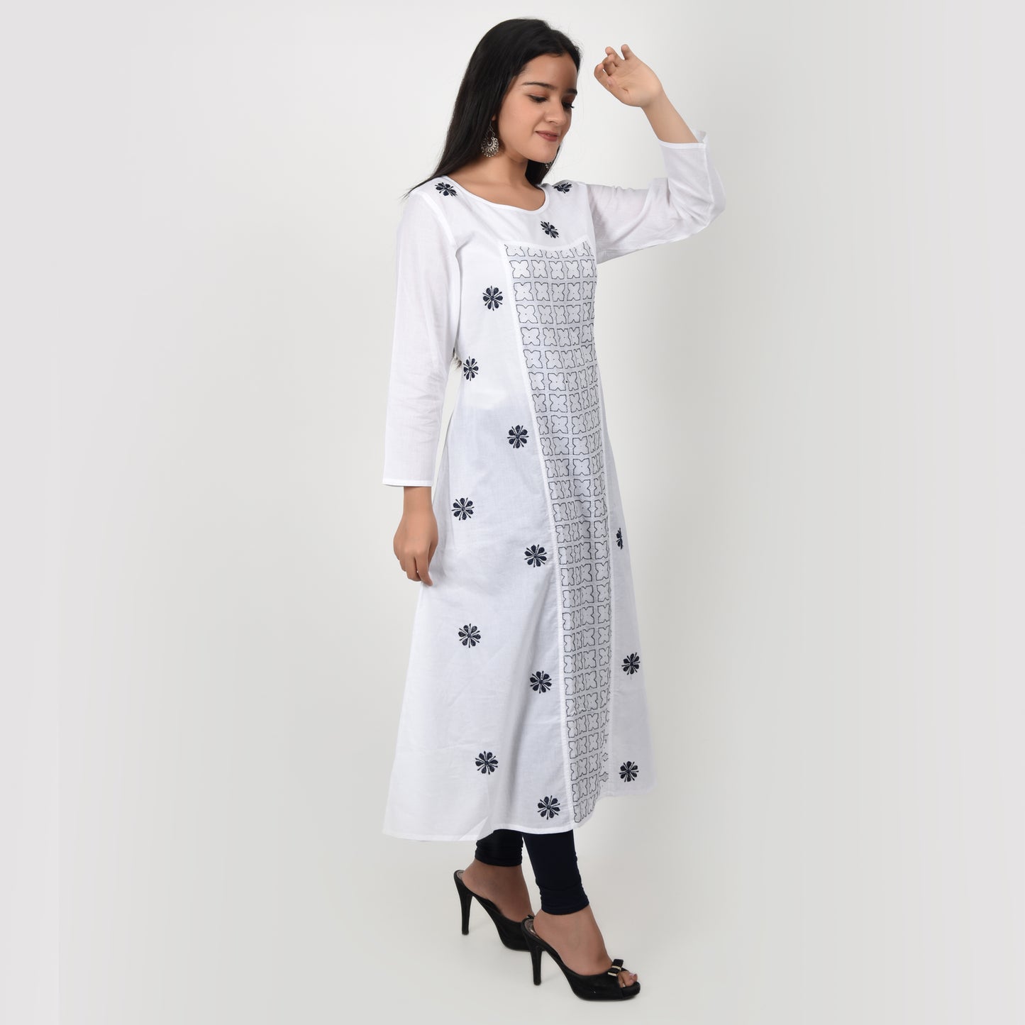 Cotton Chikankari Kurta A Line White and Blue Large