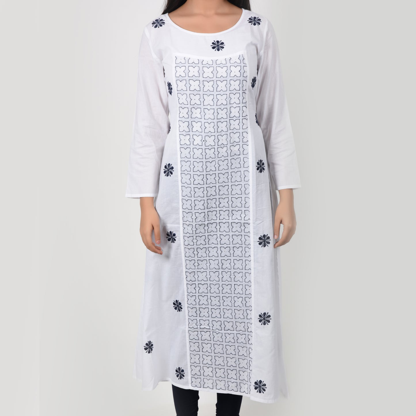 Cotton Chikankari Kurta A Line White and Blue Large