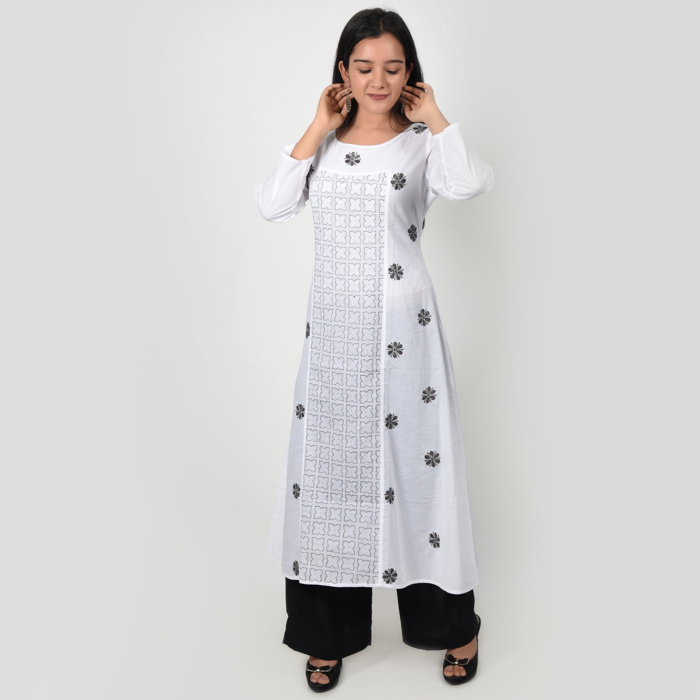 Cotton Chikankari Kurta A Line White and Grey