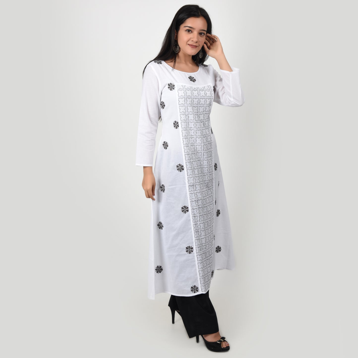 Cotton Chikankari Kurta A Line White and Grey