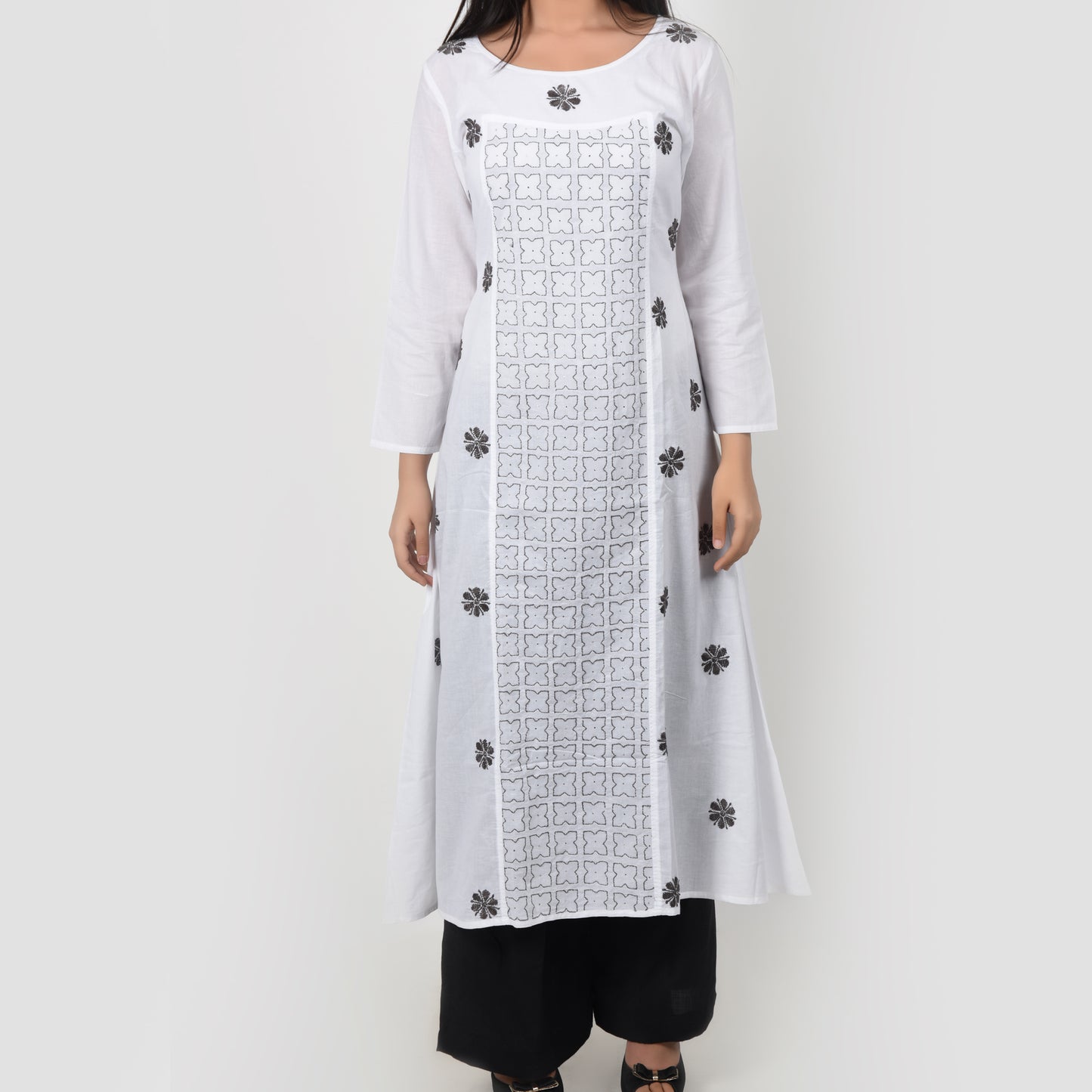 Cotton Chikankari Kurta A Line White and Grey