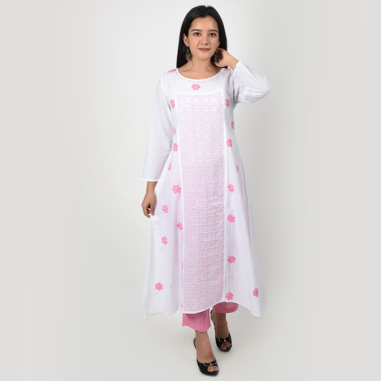 Cotton Chikankari Kurta A Line White and Pink Medium