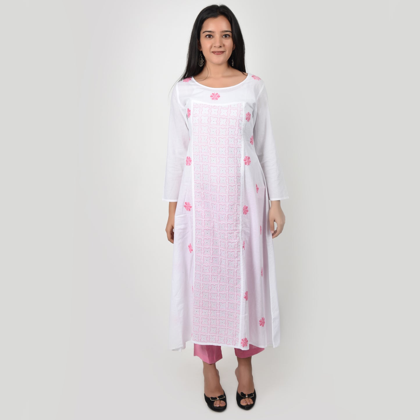 Cotton Chikankari Kurta A Line White and Pink Medium