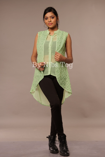 Green Chikankari Top Georgette Sleeveless Shirt for Women