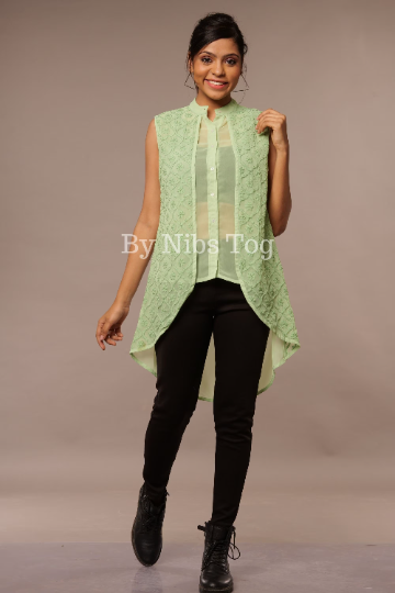 Green Chikankari Top Georgette Sleeveless Shirt for Women
