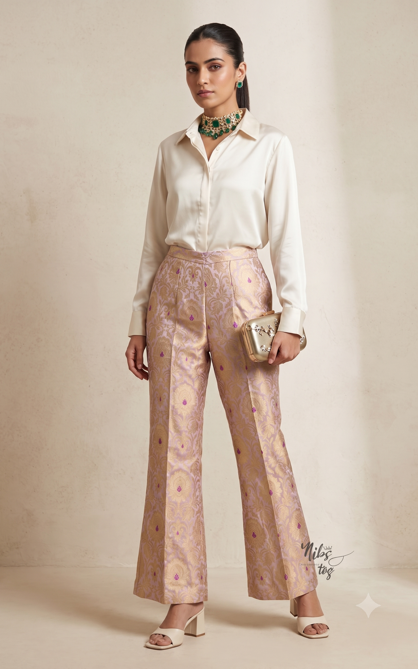 Ivory Silk Shirt with Lilac Brocade Pant Set
