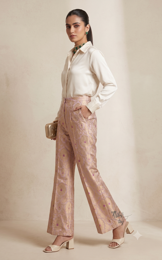 Ivory Silk Shirt with Lilac Brocade Pant Set
