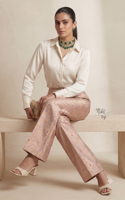 Ivory Silk Shirt with Lilac Brocade Pant Set