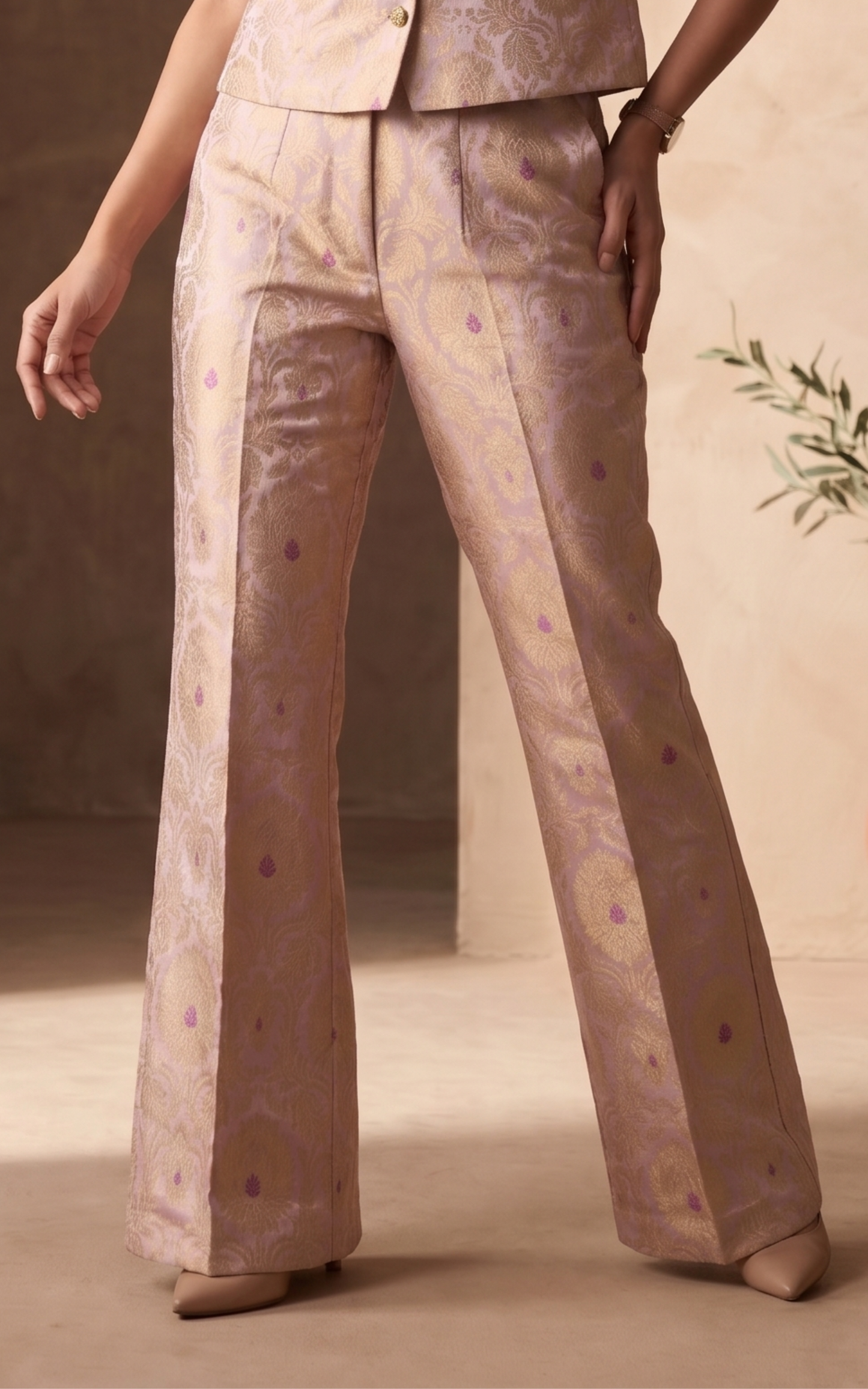 Ivory Silk Shirt with Lilac Brocade Pant Set