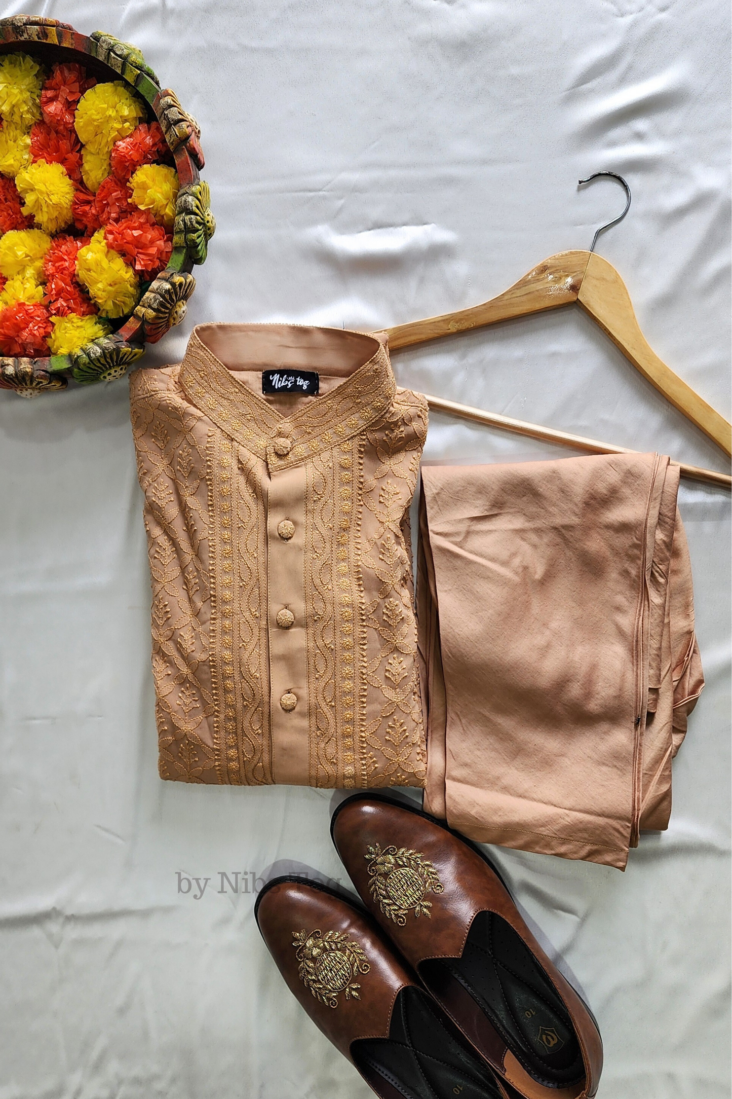 Beige Mens Chikankari Kurta with churidar