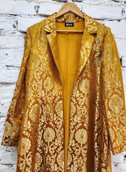 Mustard Banarasi Brocade Blazer Jacket Long, Customizable