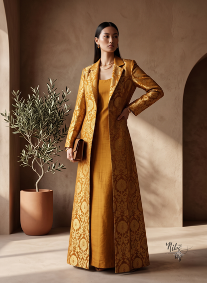 Mustard Banarasi Brocade Blazer Jacket Long, Customizable