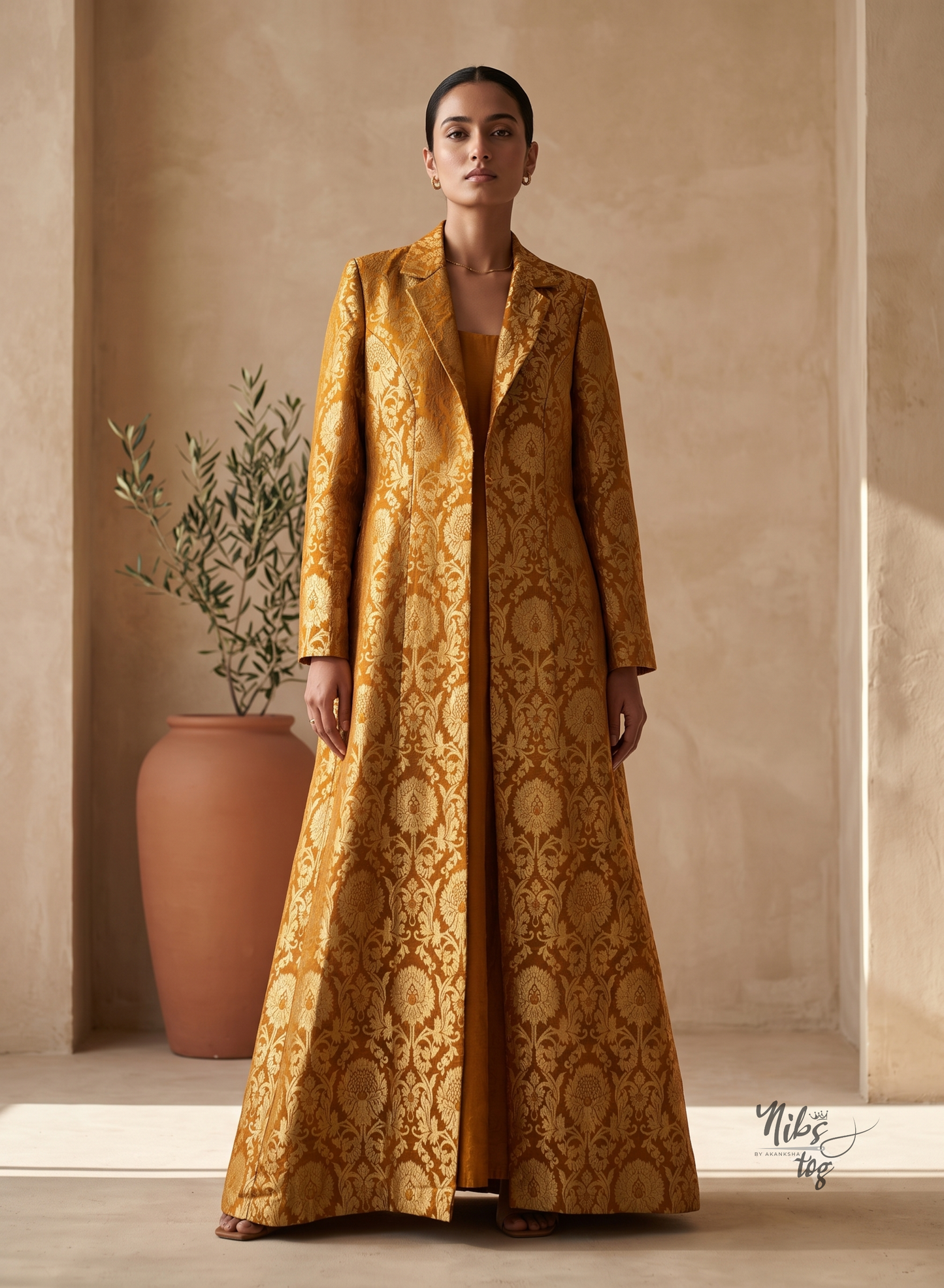 Mustard Banarasi Brocade Blazer Jacket Long, Customizable