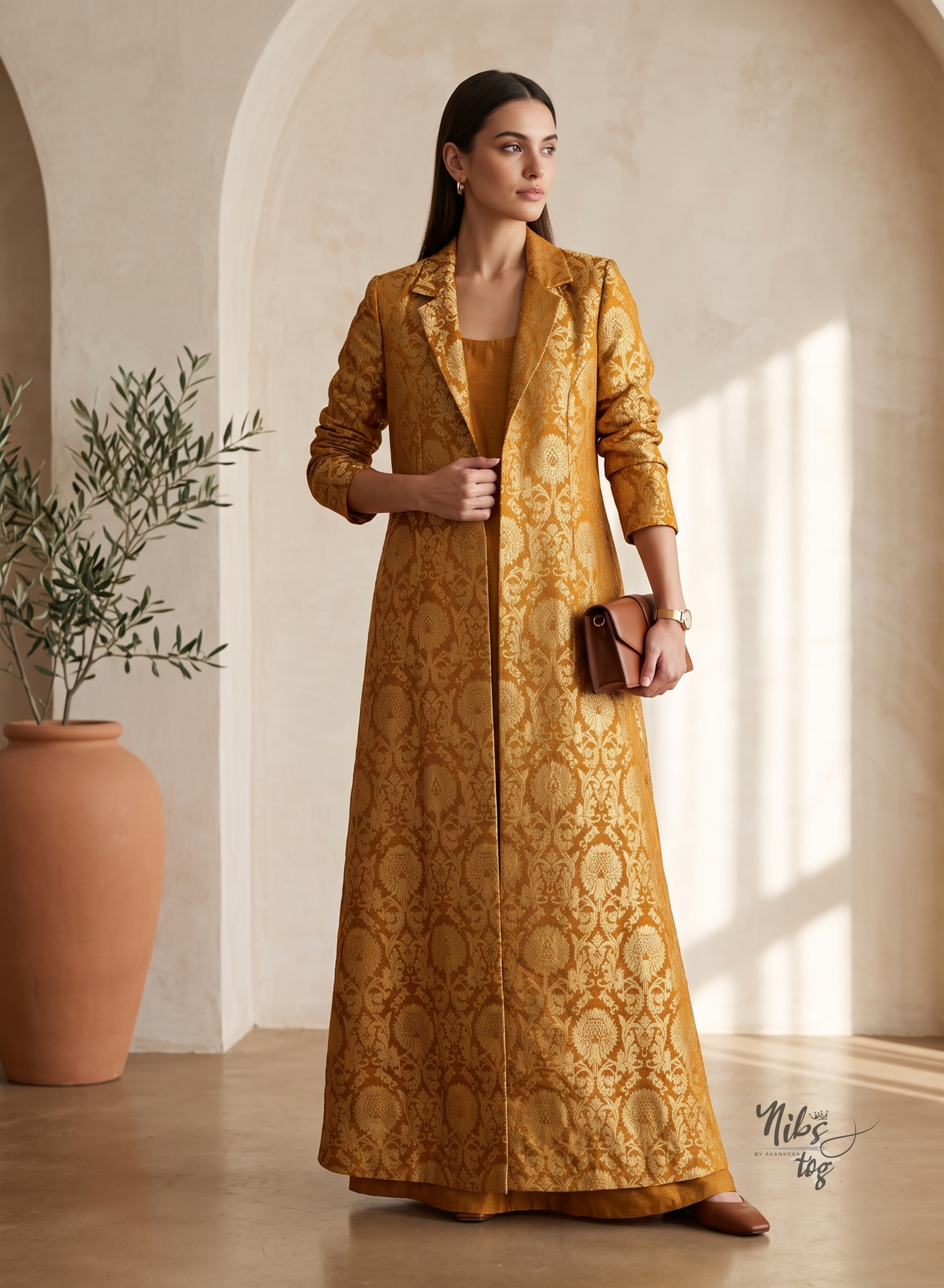 Mustard Banarasi Brocade Blazer Jacket Long, Customizable