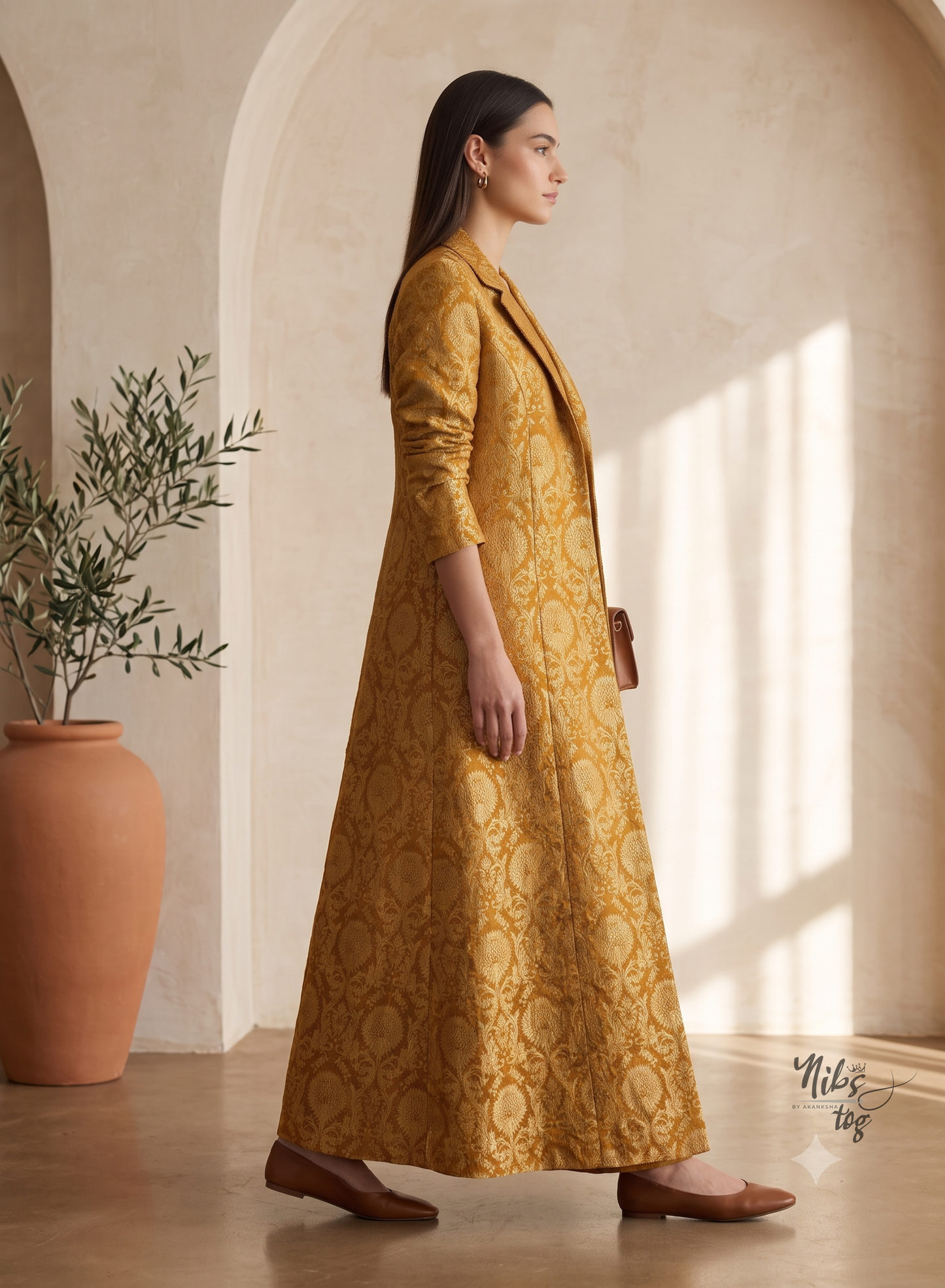 Mustard Banarasi Brocade Blazer Jacket Long, Customizable