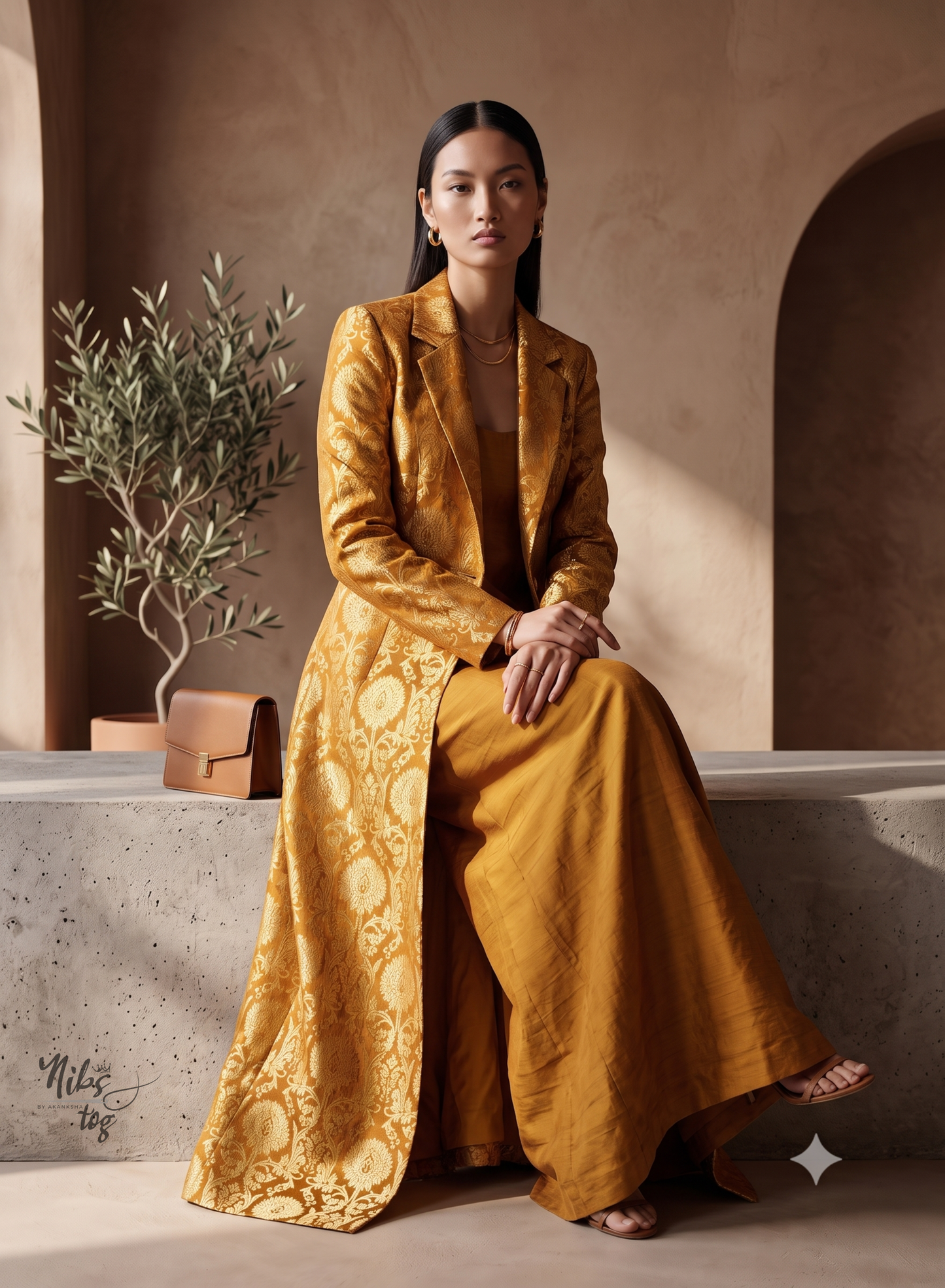 Mustard Banarasi Brocade Blazer Jacket Long, Customizable