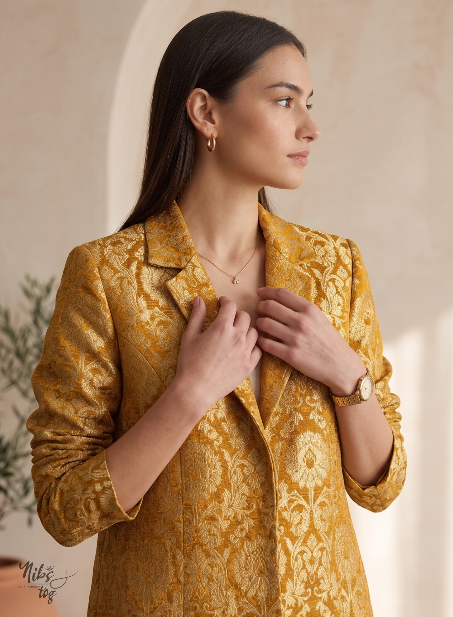 Mustard Banarasi Brocade Blazer Jacket Long, Customizable