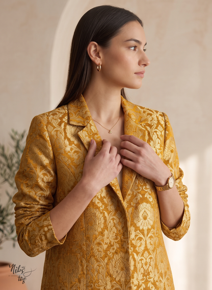 Mustard Banarasi Brocade Blazer Jacket Long, Customizable