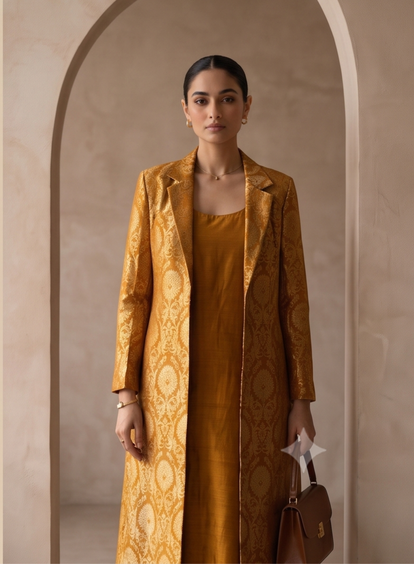 Mustard Banarasi Brocade Blazer Jacket Long, Customizable