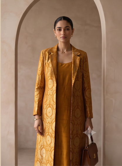 Mustard Banarasi Brocade Blazer Jacket Long, Customizable