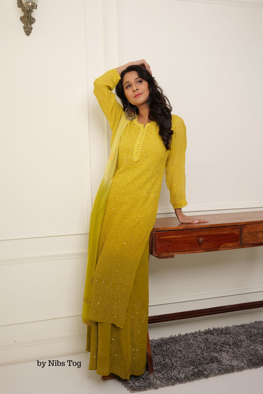 Ombre Green Shaista Chikankari Kurta Palazzo Set