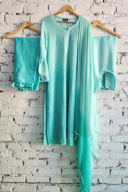 Chikankari Kurta Set with Dupatta Ombre Green