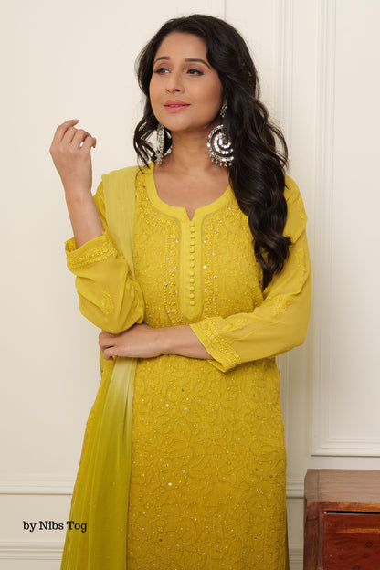 Ombre Green Shaista Chikankari Kurta Palazzo Set