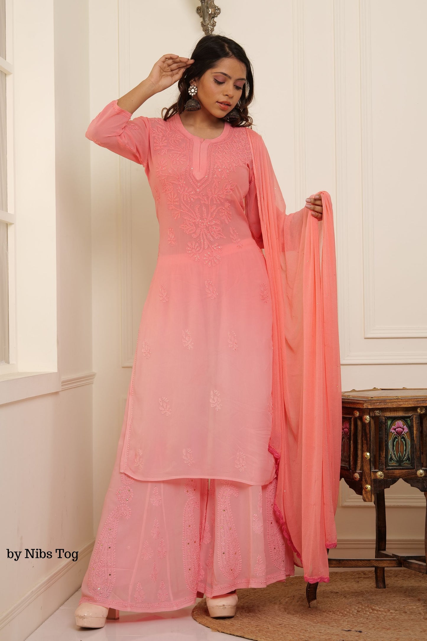 Rose Gold Ombre Noori Chikankari Kurta Palazzo Set with Dupatta