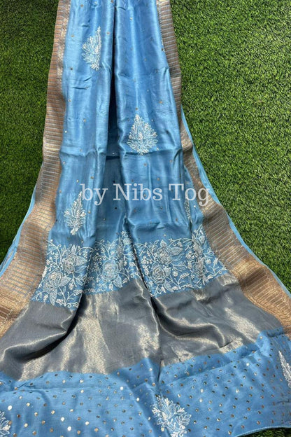 Maheshwari Silk Saree with Chikankari Hand Embroidery