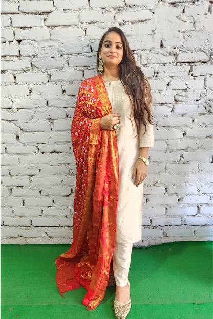 Ivory Silk Chikankari Kurta Set with Red Bandhej Dupatta