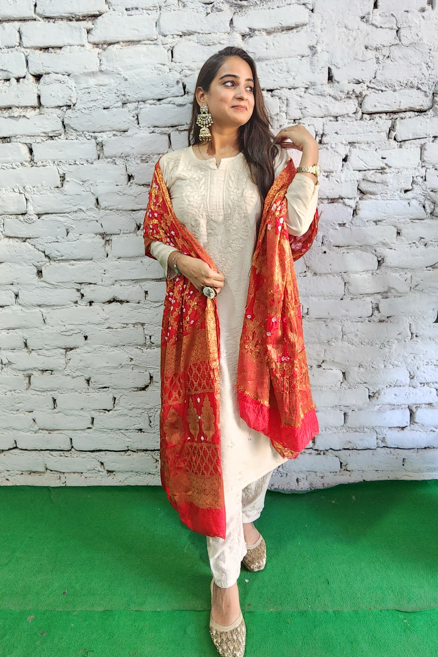 Ivory Silk Chikankari Kurta Set with Red Bandhej Dupatta