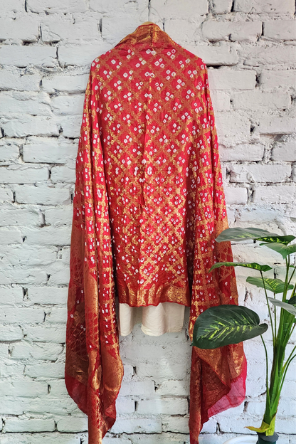 Ivory Silk Chikankari Kurta Set with Red Bandhej Dupatta