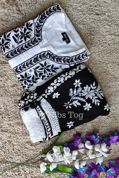 White & Black Cotton Chikankari Kurta Set