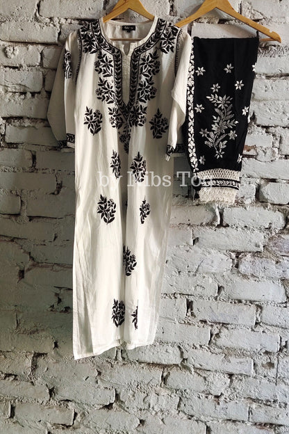 White & Black Cotton Chikankari Kurta Set