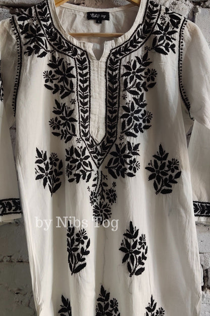White & Black Cotton Chikankari Kurta Set
