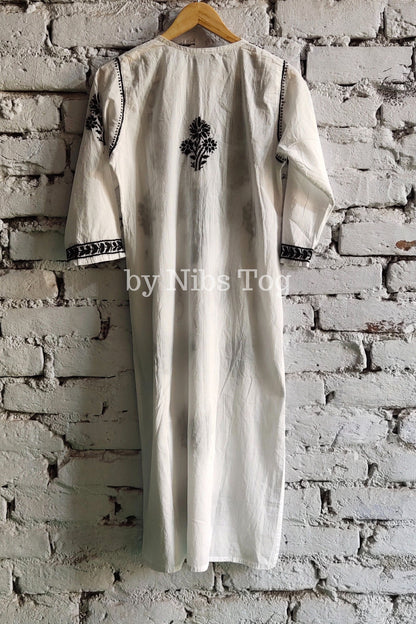 White & Black Cotton Chikankari Kurta Set